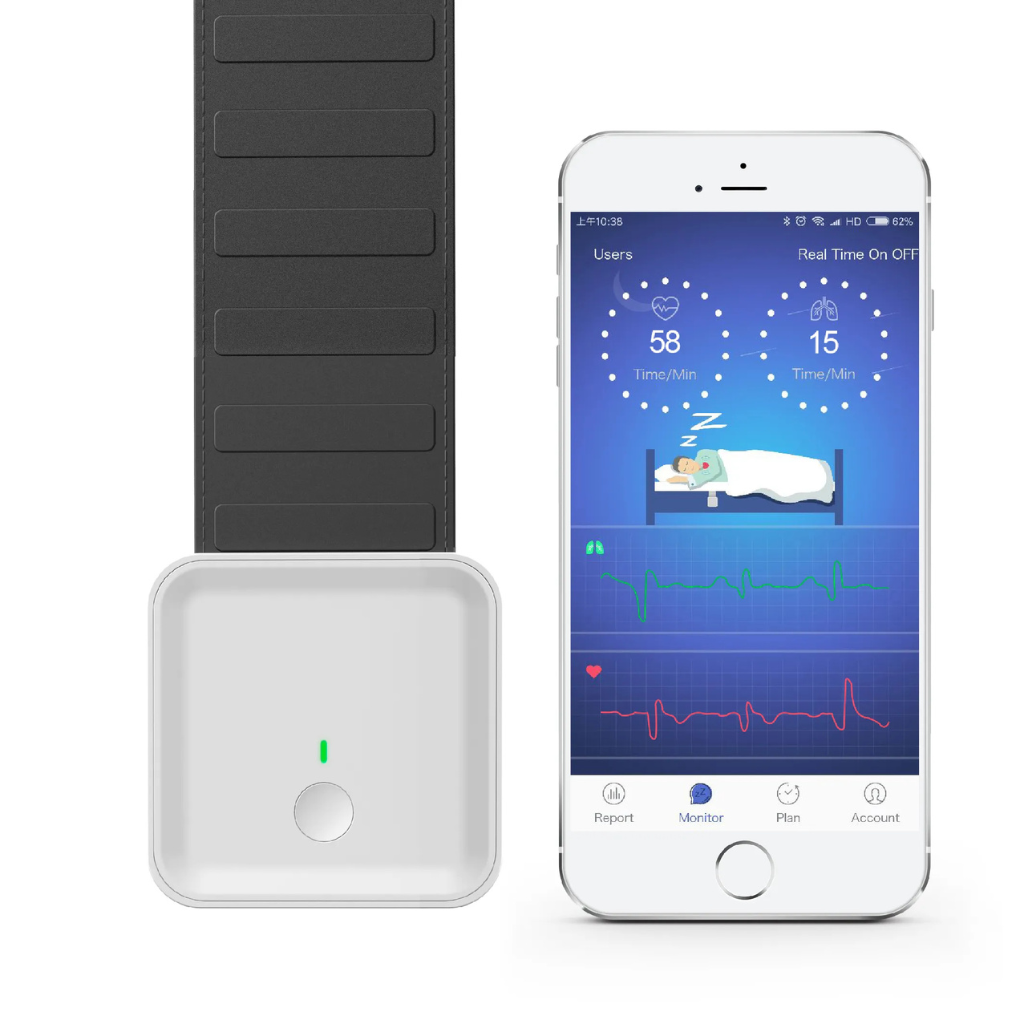 søvnanalyse bælte og en telefon som demonstrere den tilhørende app