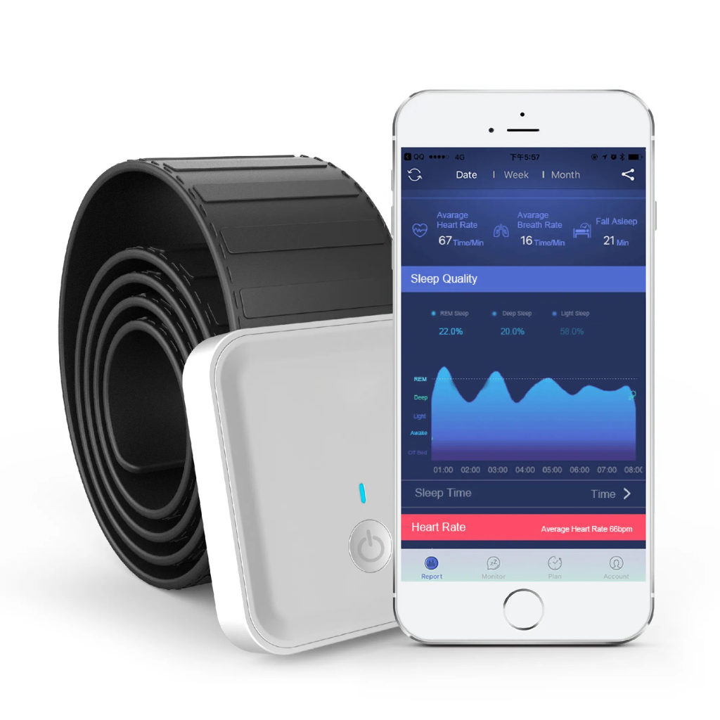 søvnanalyse bælte og en telefon som demonstrere den tilhørende app