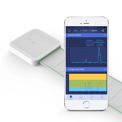 søvnanalyse bælte og en telefon som demonstrere den tilhørende app